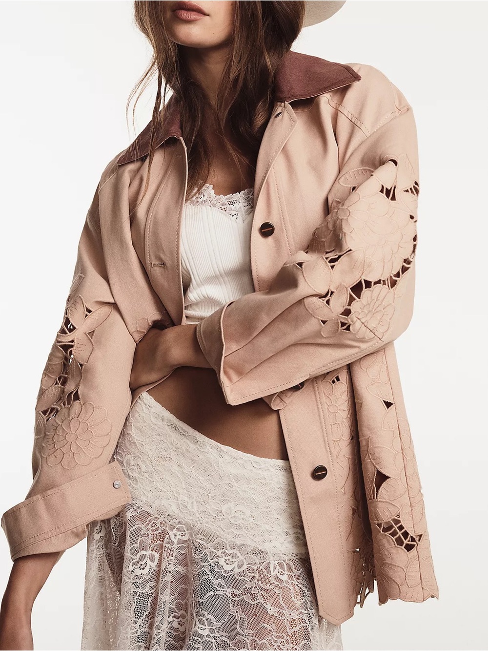 By Anthropologie Floral Cutwork Barn Jacket in Sand Brown NWT